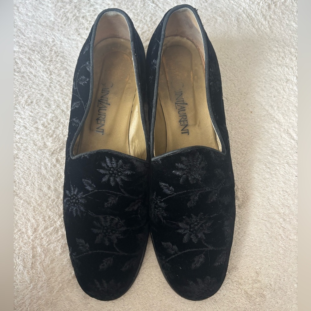 Yves Saint Laurent Black Floral Velvet Loafers